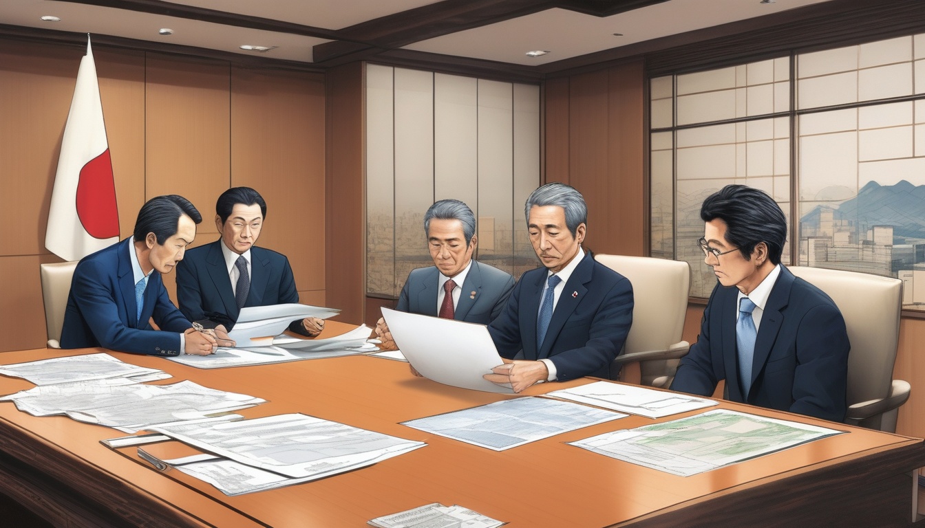 会議室で保育DX政策の資料とノートパソコンを前に議論する行政関係者たち