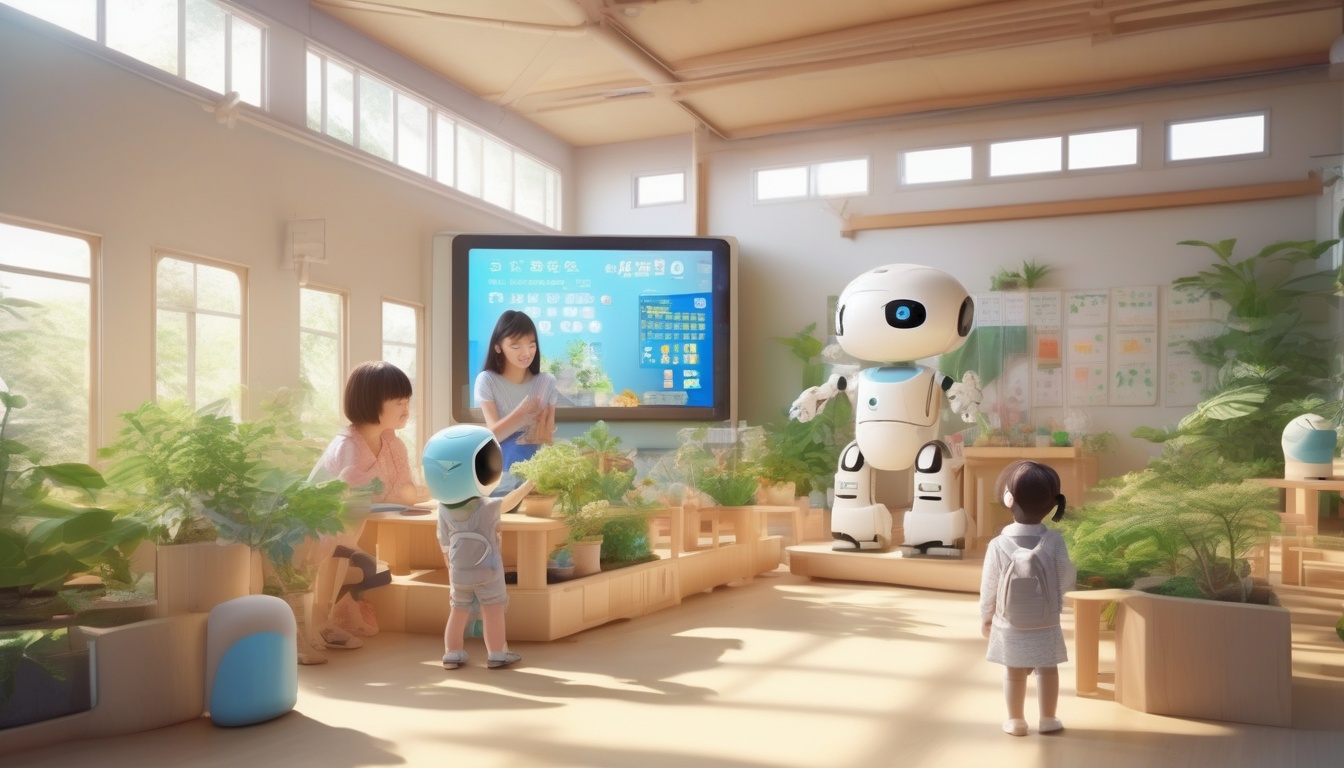 大型デジタル教材と学習ロボットを使って学ぶ子どもたちと先生がいる明るい未来型の教室