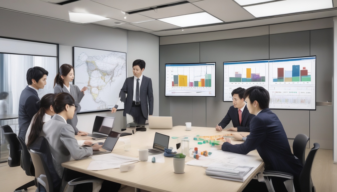 保育サービスの成長チャートを会議室で確認する日本のビジネスパーソンたち